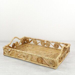 New Swirly Rectangle Tight Woven Rattan Tray with Handles-Natural-15.5"
